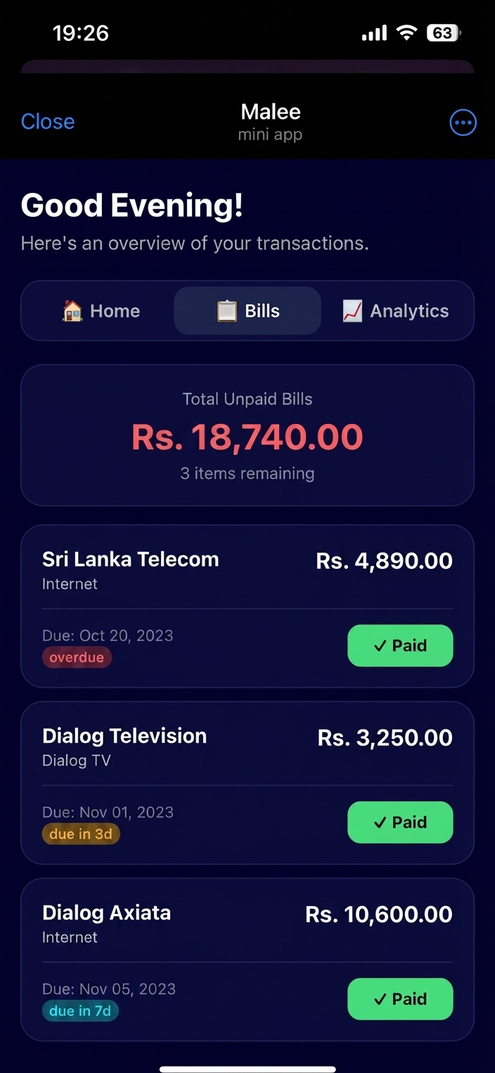 Mini App Bills tab showing unpaid bills with due dates and pay buttons