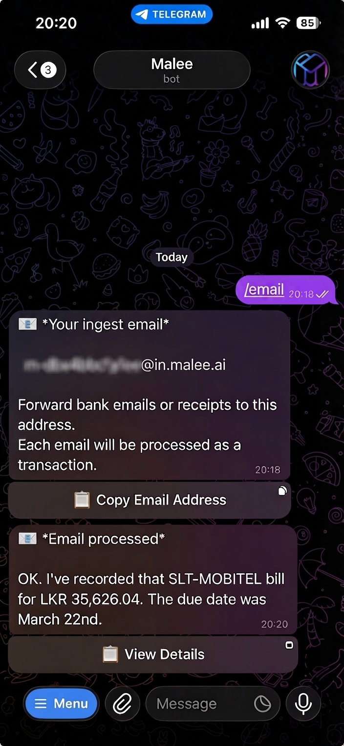 Telegram chat showing email integration — /email command and processed bill notification
