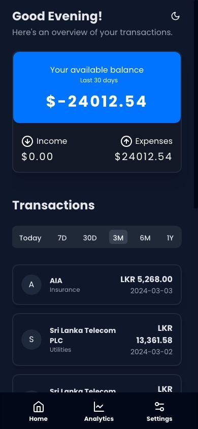 Mini App home screen with balance card and transaction list